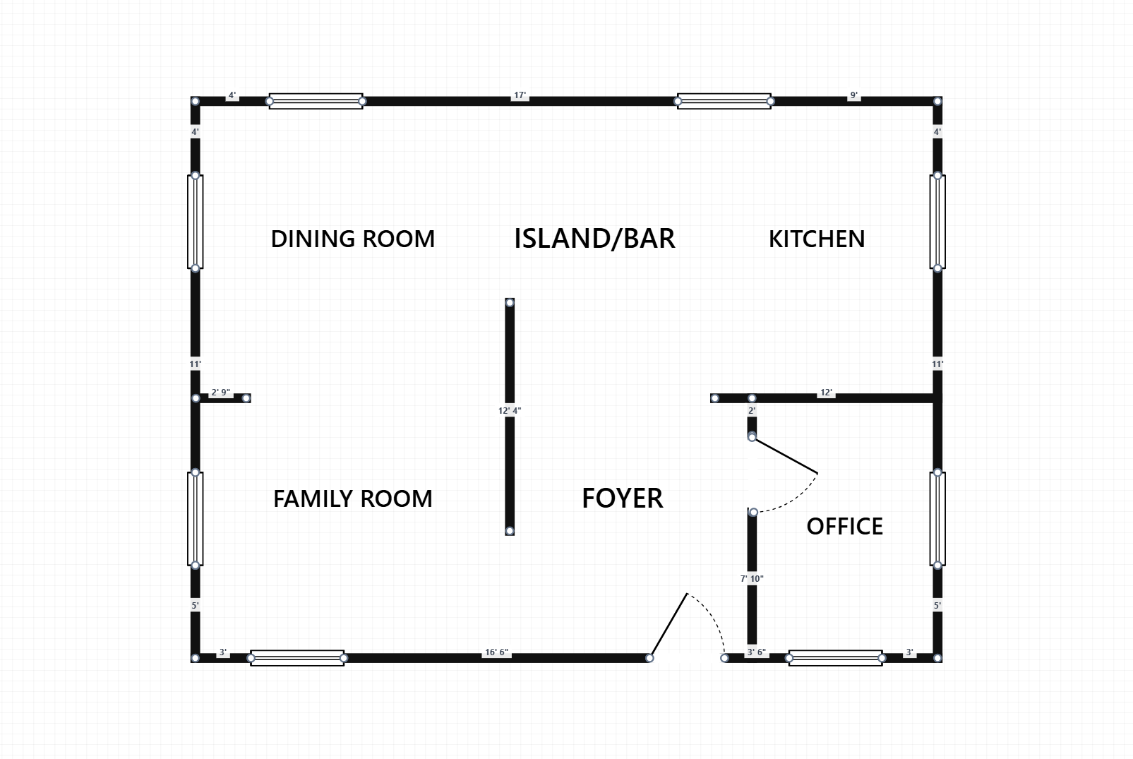 The Drafthouse canvas editor showing a floor plan with automatically detected walls, doors, windows, stairs and room labels, alongside the detected-elements panel.